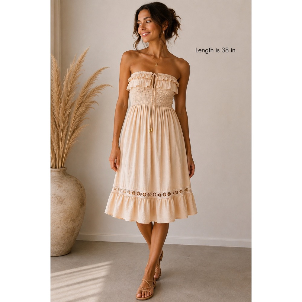 Pale Peach Pink Strapless Tie Neck Lace Dress Feminine Boho Fairy Women Medium